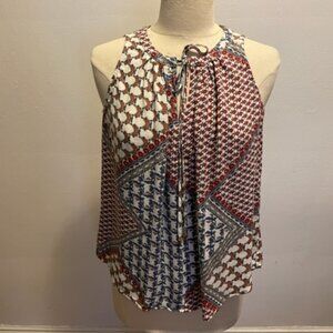 WAYF sleeveless flared tie neck top in a patchwork print